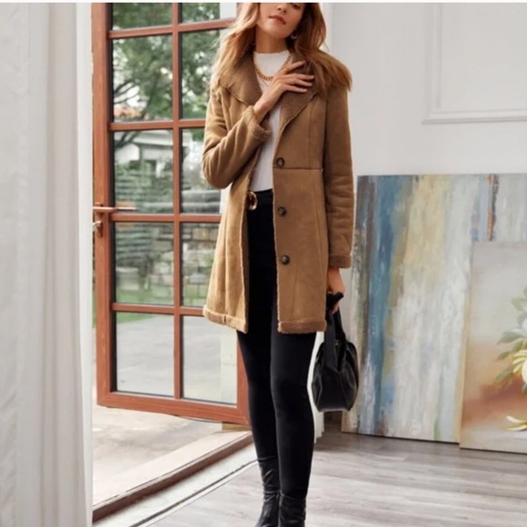 Cozy Camel Tan Sherpa Lined Vegan Suede Jacket Coat - Picture 4 of 5